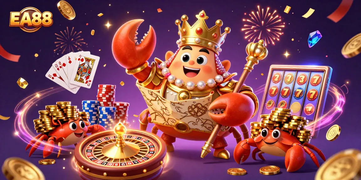 Experience the excitement of EA88 with a dynamic casino scene featuring a golden crab emperor amidst vibrant gaming elements.