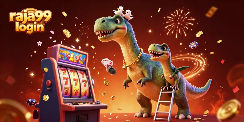 Engage with the raja99 login scene featuring a giant dinosaur overseeing a dynamic casino atmosphere.
