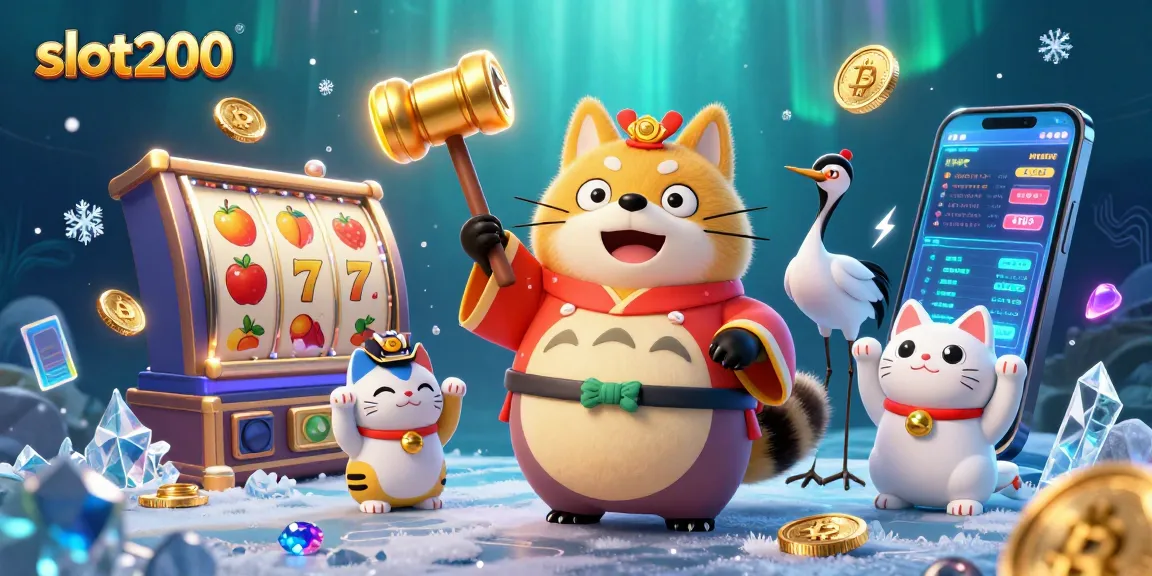 Menangkan permainan slot200 dengan tanuki beruntung dan simbol slot di latar belakang