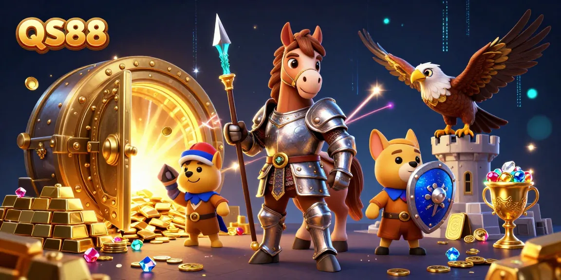 Engage with the thrilling QS88 casino experience showcasing a medieval knight, loyal puppy, and falcon amidst dazzling treasure.
