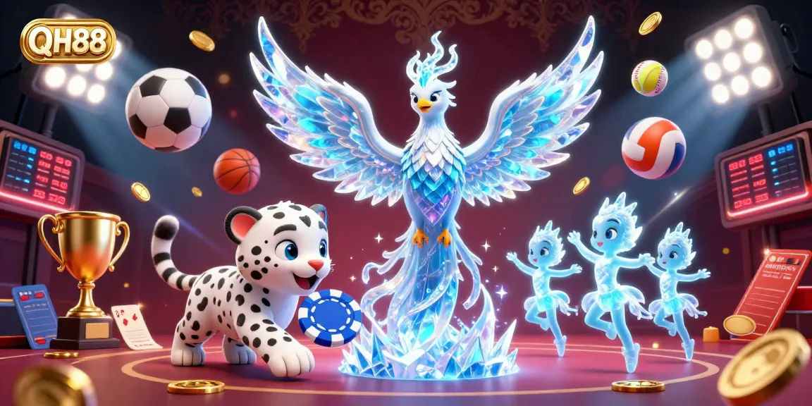 Engage with QH88 in a vibrant 3D casino scene featuring an ice phoenix, sports elements, and dynamic energy.