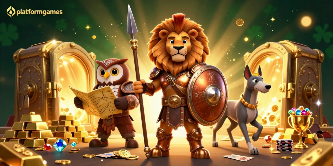 Speed through vibrant casino excitement with platformgames in a thrilling 3D illustration of characters amidst treasure.