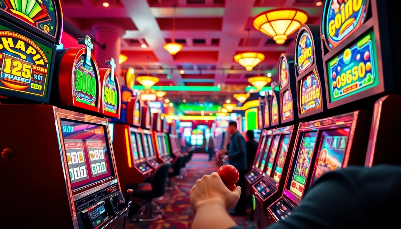 Engage in slot gambling excitement with players enjoying vivid slot machines in a lively casino.