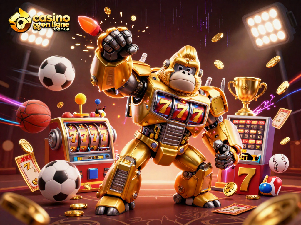 Visualisez le mech gorille doré des machines à sous et des éléments de casino en ligne France.