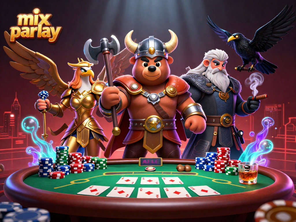 Bet on mix parlay with a Viking bear, Valkyrie eagle, and poker elements in a vibrant casino scene.