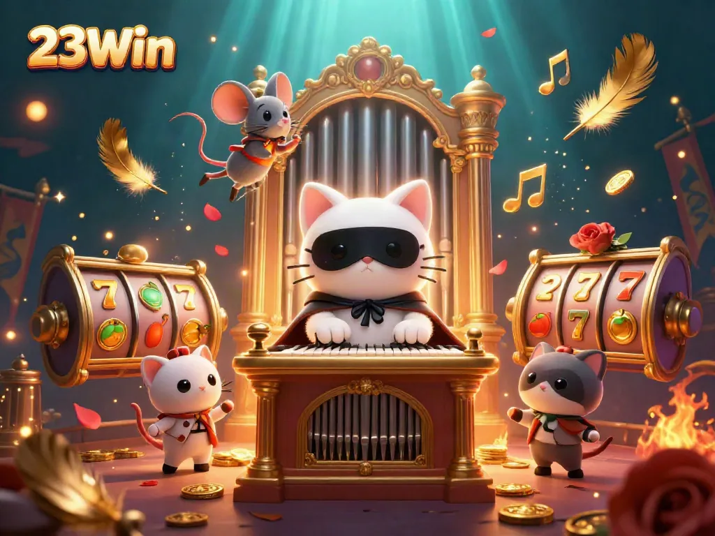 Play exciting slots at 23Win with spinning reels and golden coins all around.