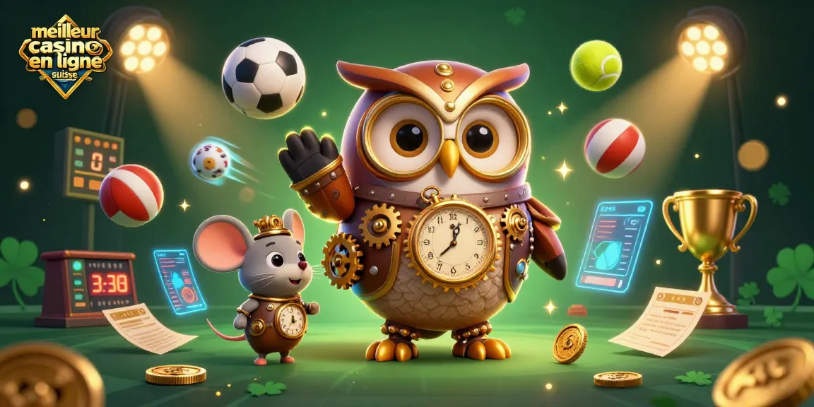 Illustration captivante du meilleur casino en ligne suisse mettant en scène un hibou voyageur et une souris avec des éléments de casino.