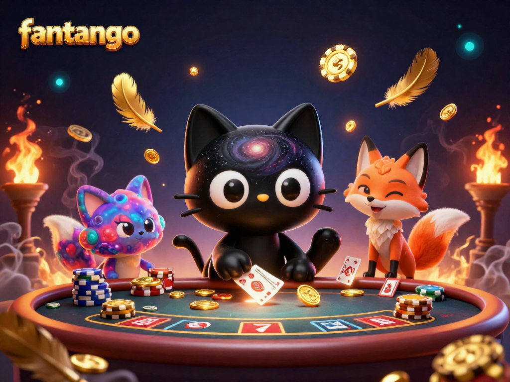 Experience the thrilling game of fantango with a cosmic black hole cat at a poker table