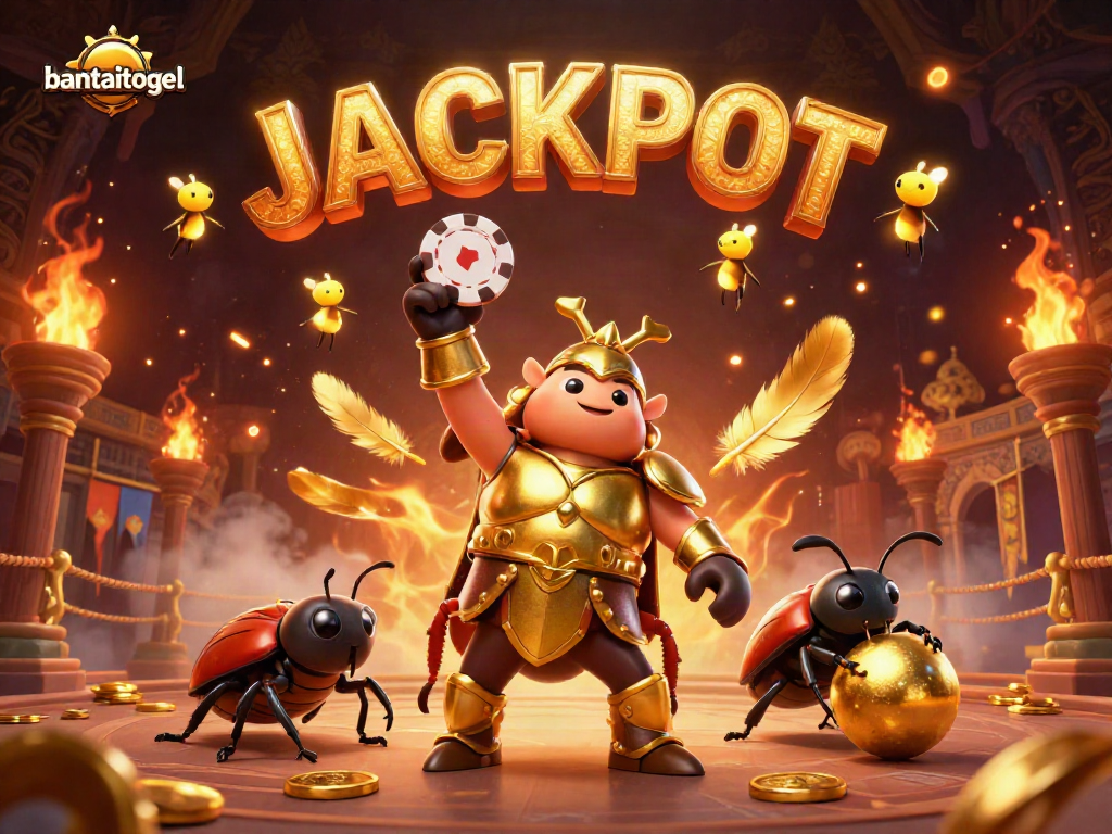 Menyaksikan bantaitogel dengan kegembiraan melalui ilustrasi 3D karakter cacing hercules di armor emas yang mengangkat chip poker, dikelilingi elemen kasino meriah.
