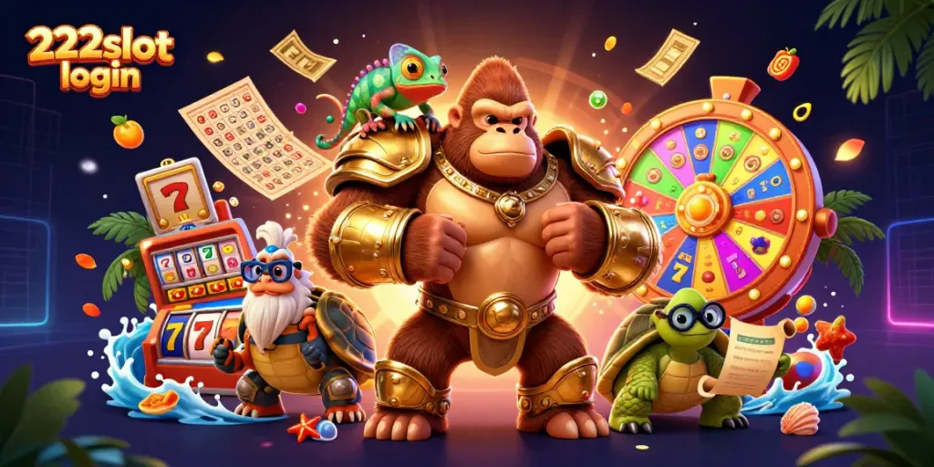 Memenangkan permainan dengan 222slot login dan menampilkan gorila raja berarmor, chameleon, dan kura-kura