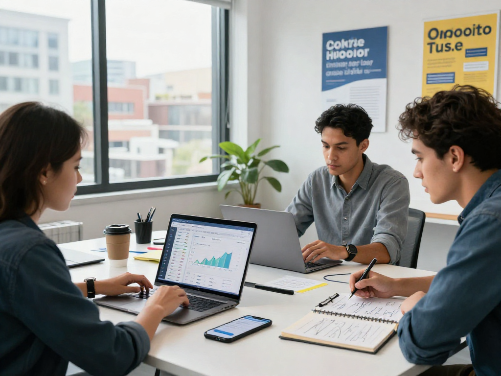 Buy app install campaign meeting with marketing specialists analyzing app growth and data in a bright office.
