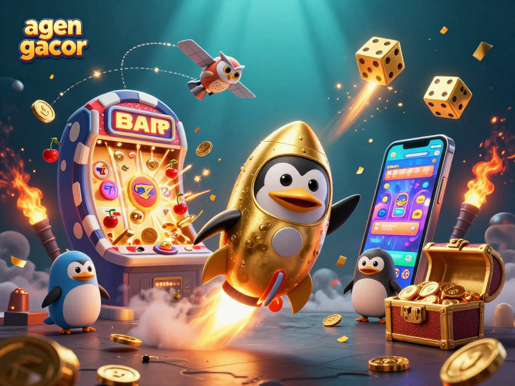 Win big with agen gacor: 3D golden penguin at a jackpot slot machine among casino elements.