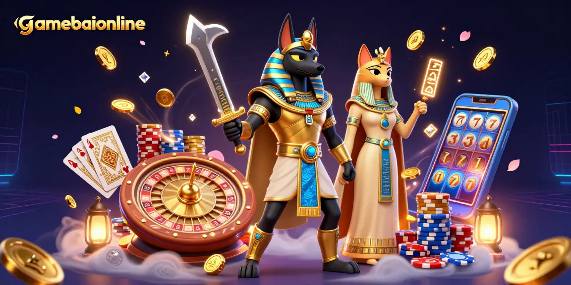 Engage in thrilling gameplay at gamebaiionline with Anubis and Bastet in a dazzling casino scene.