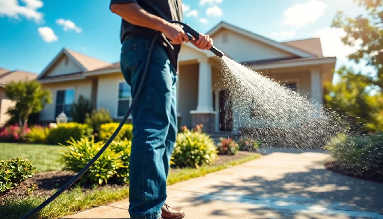 Refreshing house washing process showcasing a pressure washer in action.