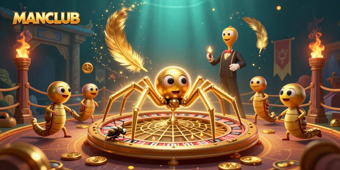 Experience thrilling action with MANCLUB as a golden spider spins a roulette wheel web amidst vibrant casino elements.