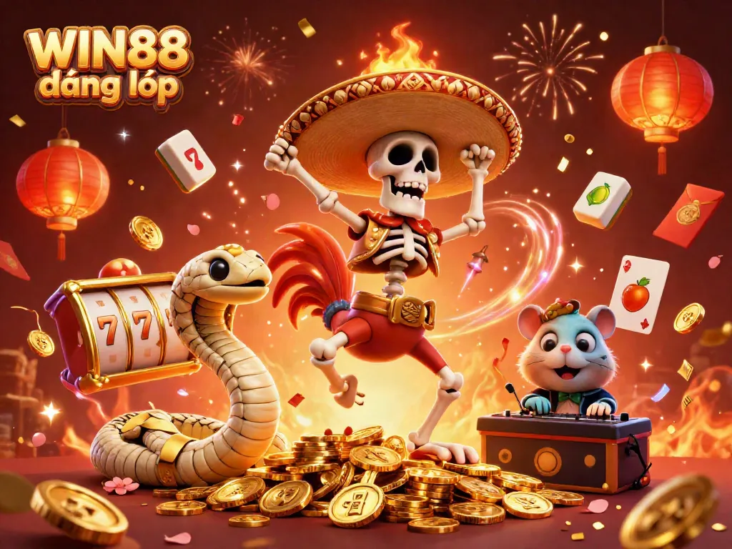 Experience exhilarating moments at WIN88 đăng nhập with a dynamic celebration scene filled with games and characters.