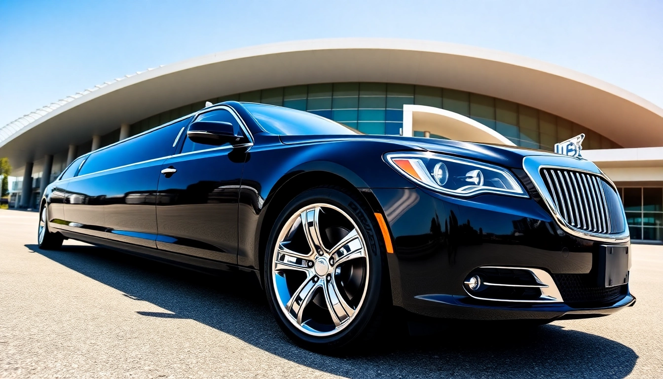 Luxury vancouver airport limo parked at a modern airport terminal, showcasing elegance and sophistication.