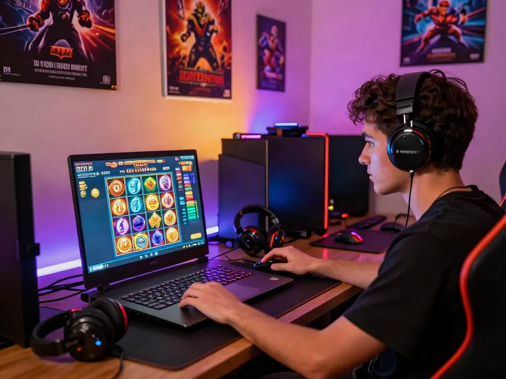 Player enjoying slot gacor thailand experience on a gaming laptop in a vibrant setting.