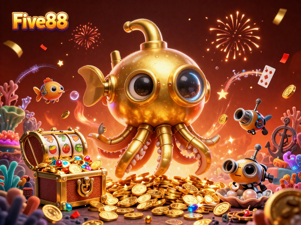 Experience thrilling action at Five88 with a vibrant 3D casino-themed illustration showcasing gold coins and slot reels.