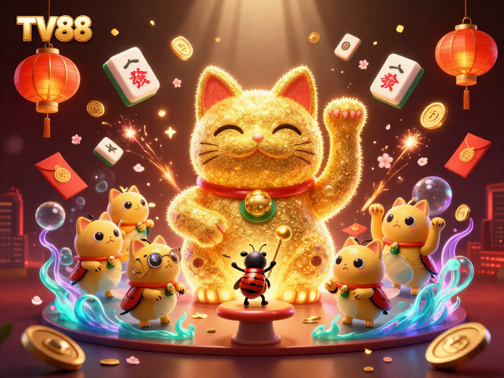 Engage with the vibrant world of TV88, featuring a lucky cat and enchanting casino symbols.