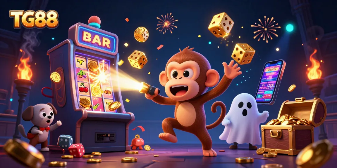 Experience the thrill of TG88 as a playful poltergeist monkey juggles riches in a haunted casino.