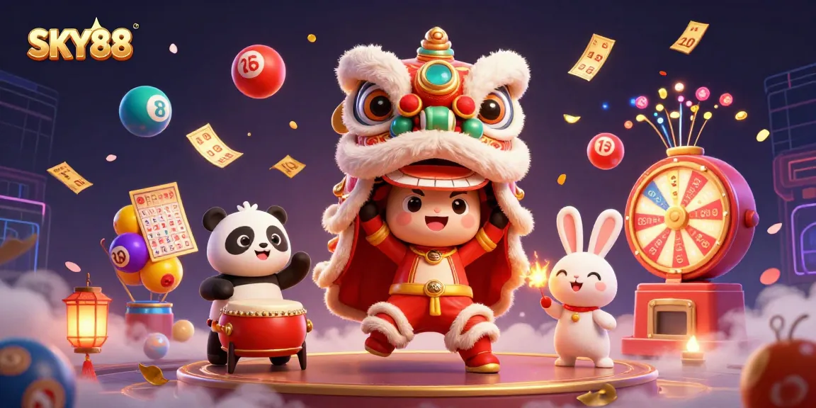 Experience the excitement of SKY88's dynamic lottery-themed scene featuring vibrant characters and lively game elements.