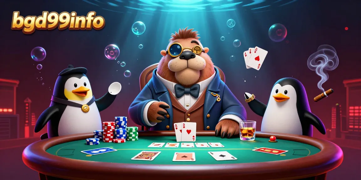Experience the excitement of bgd99info with a cartoon poker scene featuring playful marine characters.