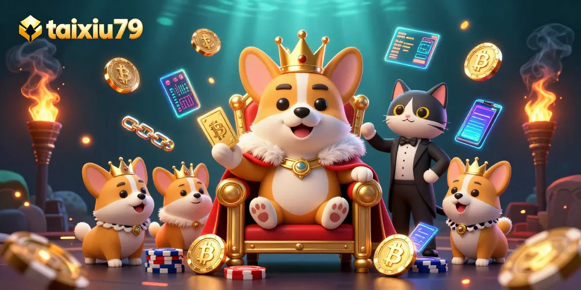 Experience the thrill of taixiu79 with royal corgis and crypto elements in a vibrant casino setting