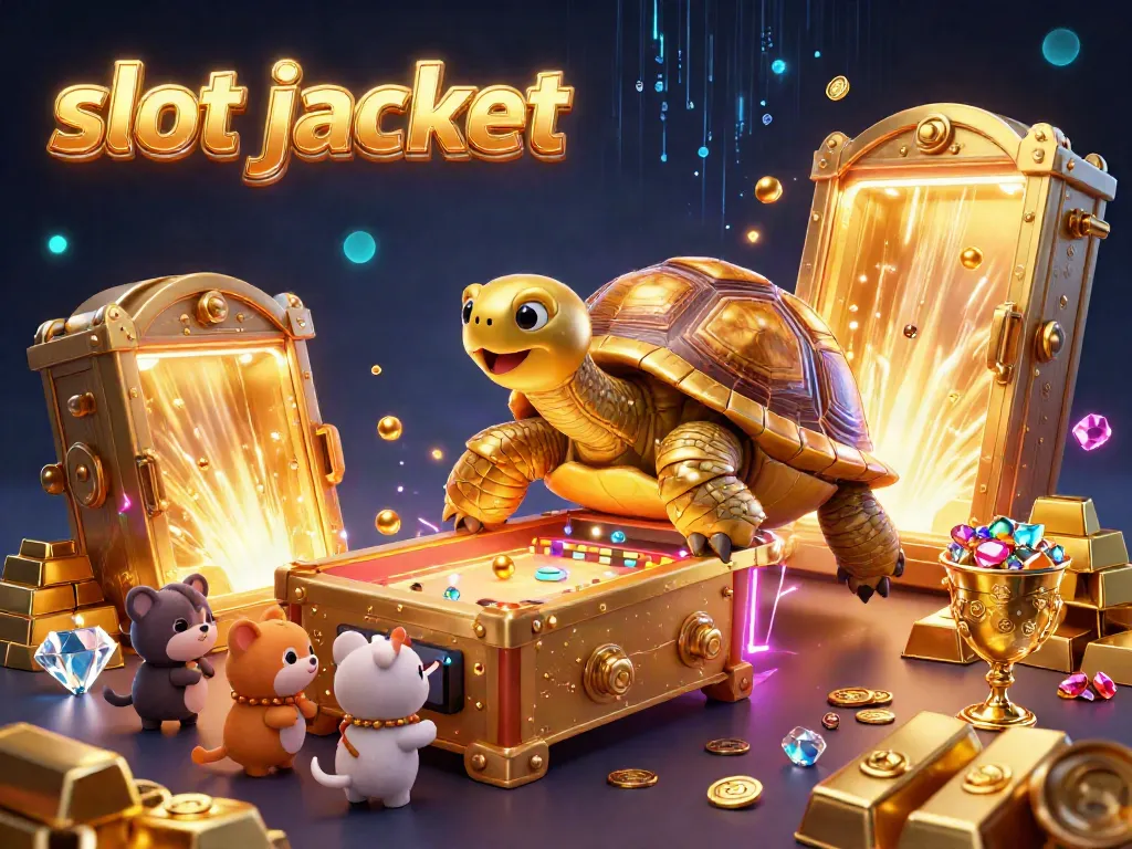 Experience the thrill of the slot jackpot in an enchanting 3D scene of joyous animals at a vibrant tortoise-themed game.