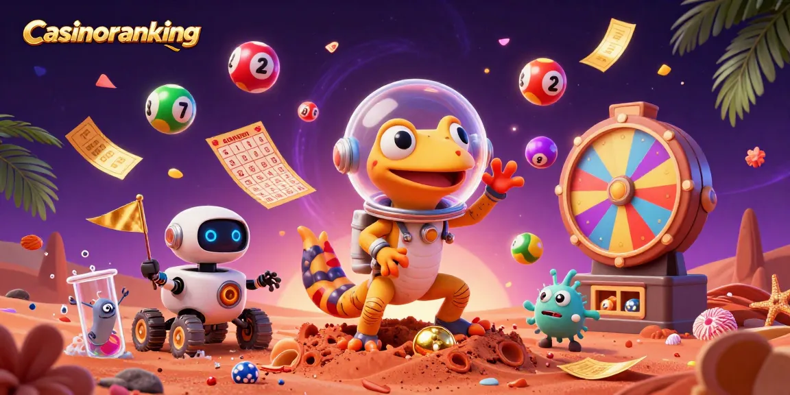 Win big at online casinos with Casinoranking's vibrant lottery game scene featuring Martian gecko.
