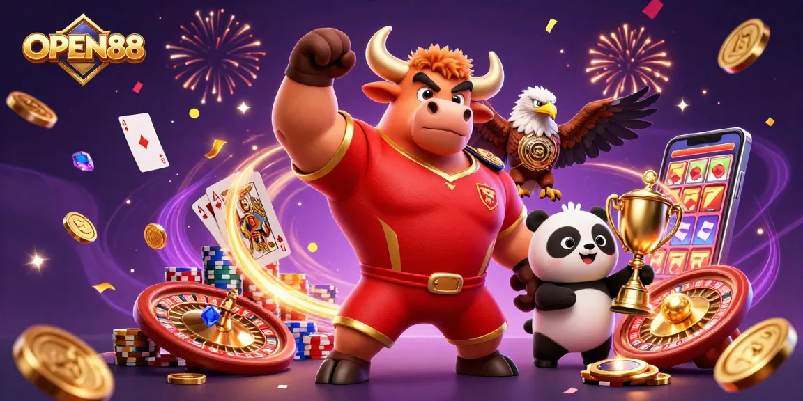 Engage with OPEN88's vibrant 3D casino scene celebrating wins with a bull, eagle, and panda.