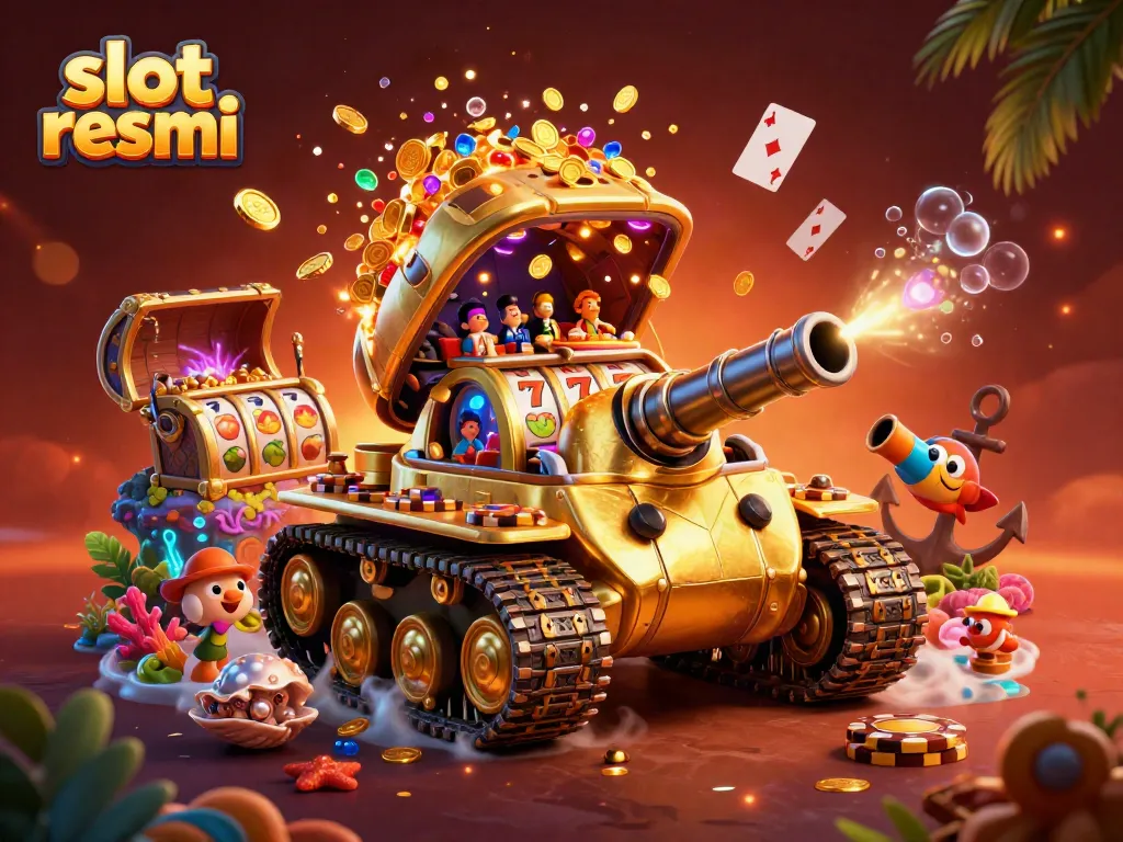 Experience the thrill of slot resmi with a dynamic casino scene inside a golden tank, exploding treasures everywhere.
