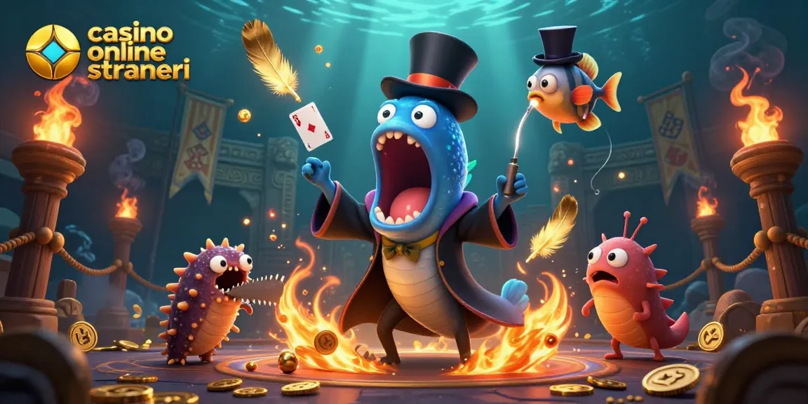 Illustrazione di un'anguilla bioluminescente che esegue trucchi di carte per casino online stranieri tra fumi e monete.