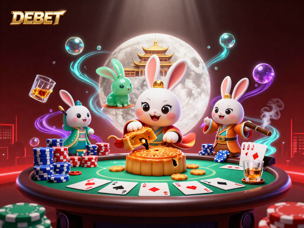 DEBET showcases an exciting gambling scene with poker chips and characters celebrating in a whimsical setting.
