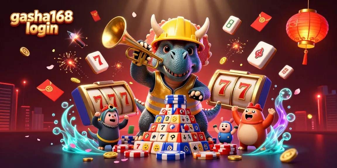 Engage with gacha168 login as a triceratops builds poker chip pyramid amidst dynamic casino elements.
