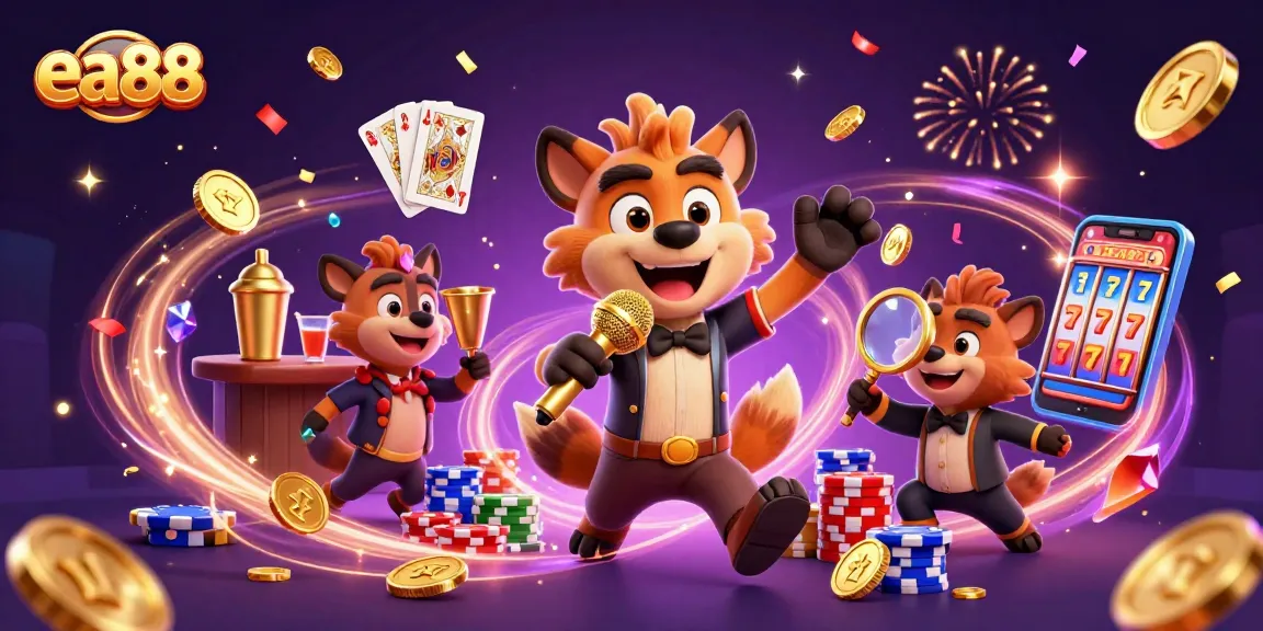 ea88 features animated hyenas in a vibrant casino scene, celebrating wins with gold coins and roulette.
