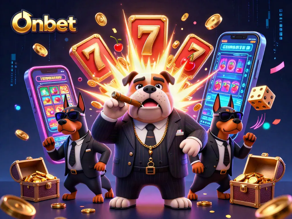 Onbet's animated mafia bulldog surrounded by a jackpot explosion, showcasing an exciting casino scene.