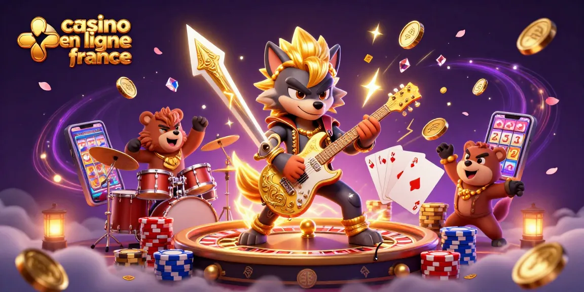 Vibrante illustration 3D de casino en ligne France capturant un loup rockstar jouant, des pièces d'or et des améliorations.