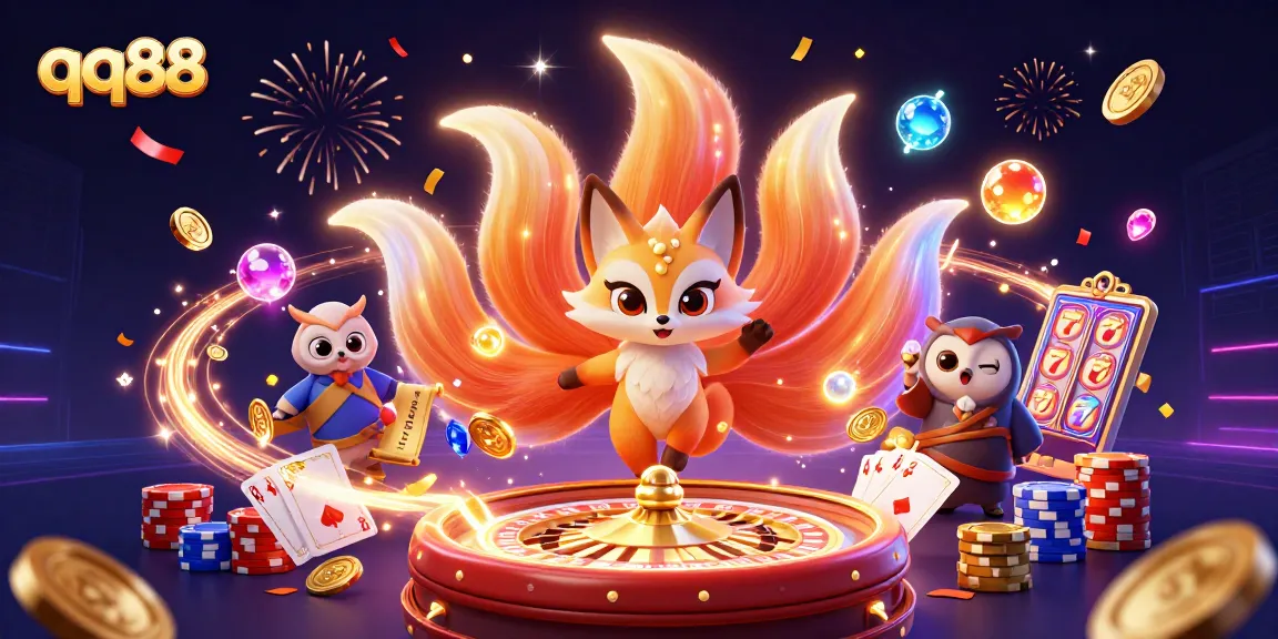 Experience the thrill of qq88 with a magical scene filled with vibrant colors, spirit characters, and casino elements.