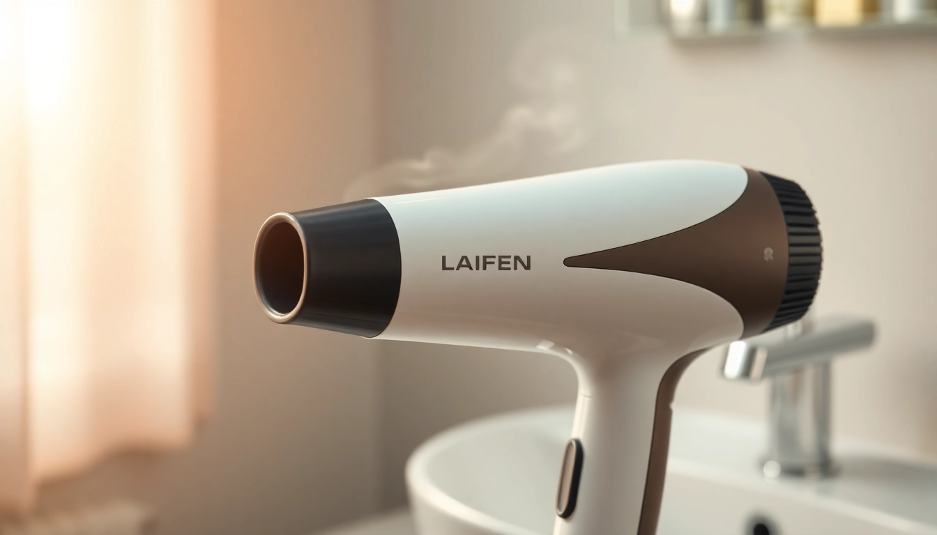 Highlighting Laifen website's premium electric hair dryer against a blurred bathroom setting.