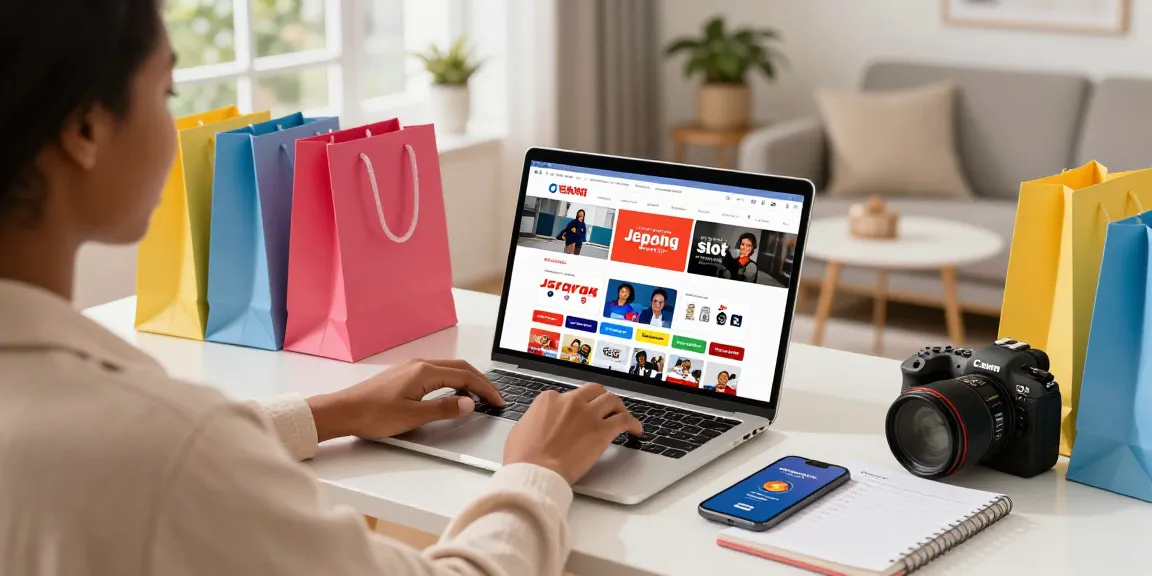 Customer exploring jepang slot options on a laptop in a stylish home setting, surrounded by shopping bags and a cozy atmosphere.