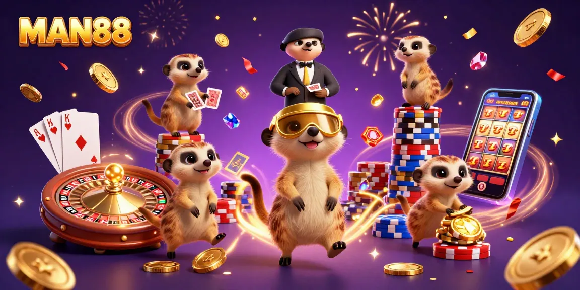 MAN88 meerkats expertly managing a lively casino scene filled with cascading coins and vibrant gems.