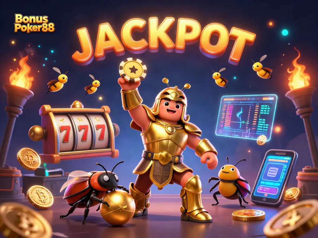 Engage with Bonus Poker88 and experience an energetic jackpot scene with vibrant characters and golden elements.