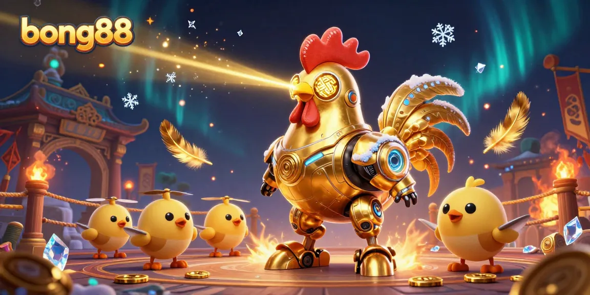 Bong88 offers an immersive gaming experience with colorful 3D illustrations of a golden rooster robot and baby chick drones.