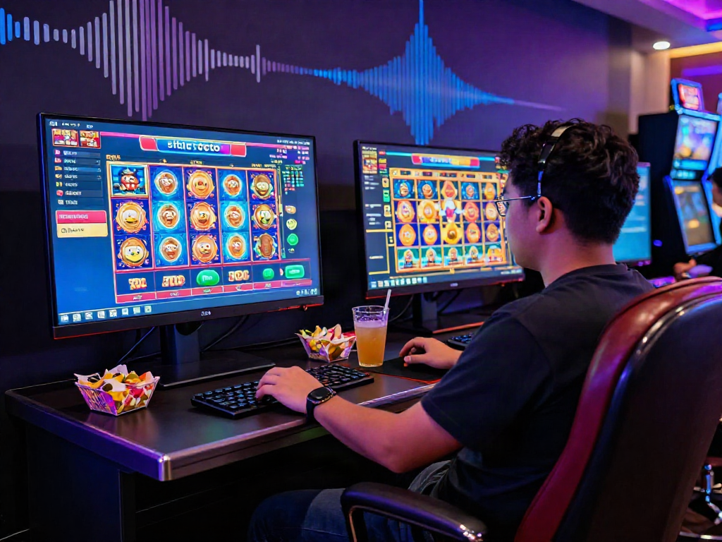 Interactive gaming station featuring situs toto lottery interface, engaging player atmosphere with modern design elements.