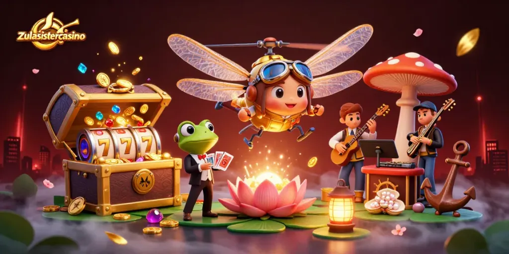 Join the fun at zulasistercasino with a vibrant 3D casino scene featuring games and excitement.