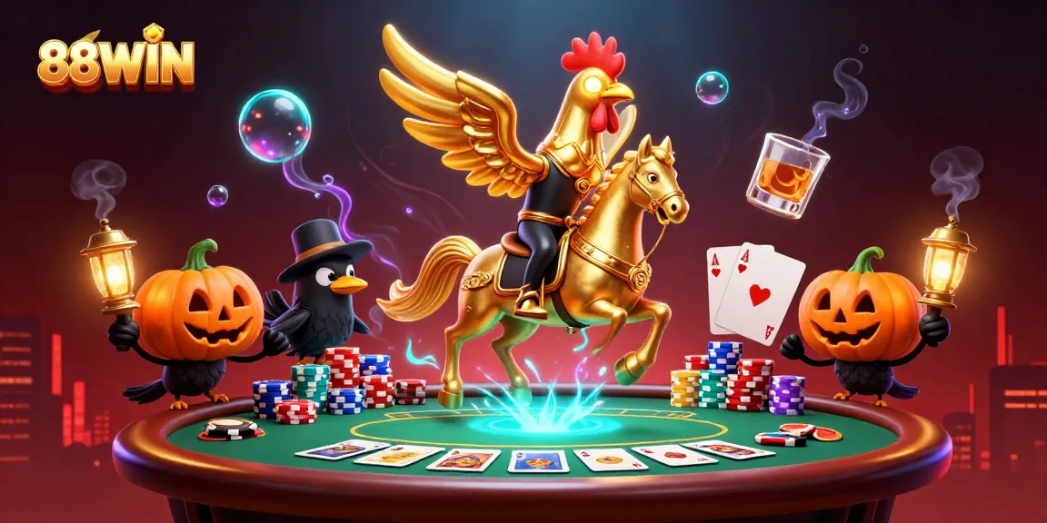 Celebrate winnings at 88WIN with vibrant casino-themed scene showcasing poker excitement and golden rooster hero.