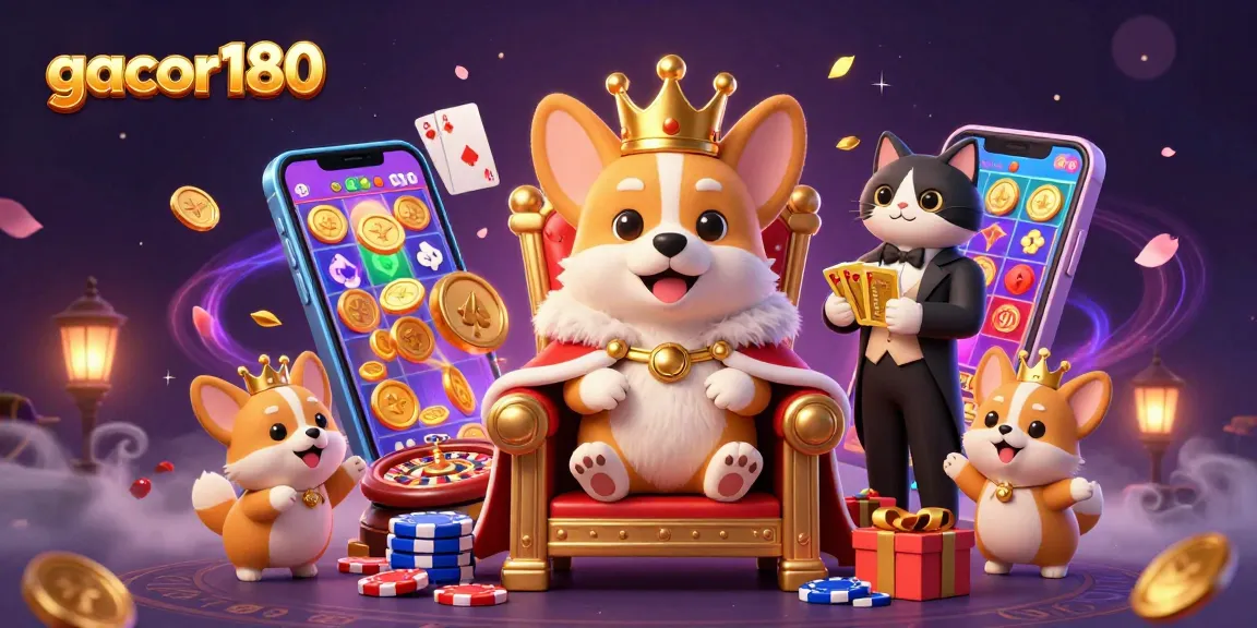 Permainan gacor180 seru dengan corgi raja dan kucing butler, menunjukkan permainan slot dan banyak koin emas.