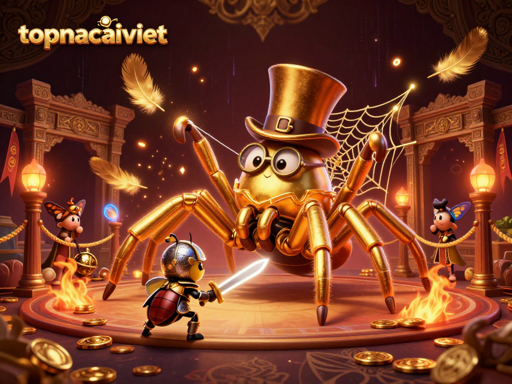 Engage with topnhacaiviet as a golden tarantula weaves a web of luck and fortune in this casino scene.