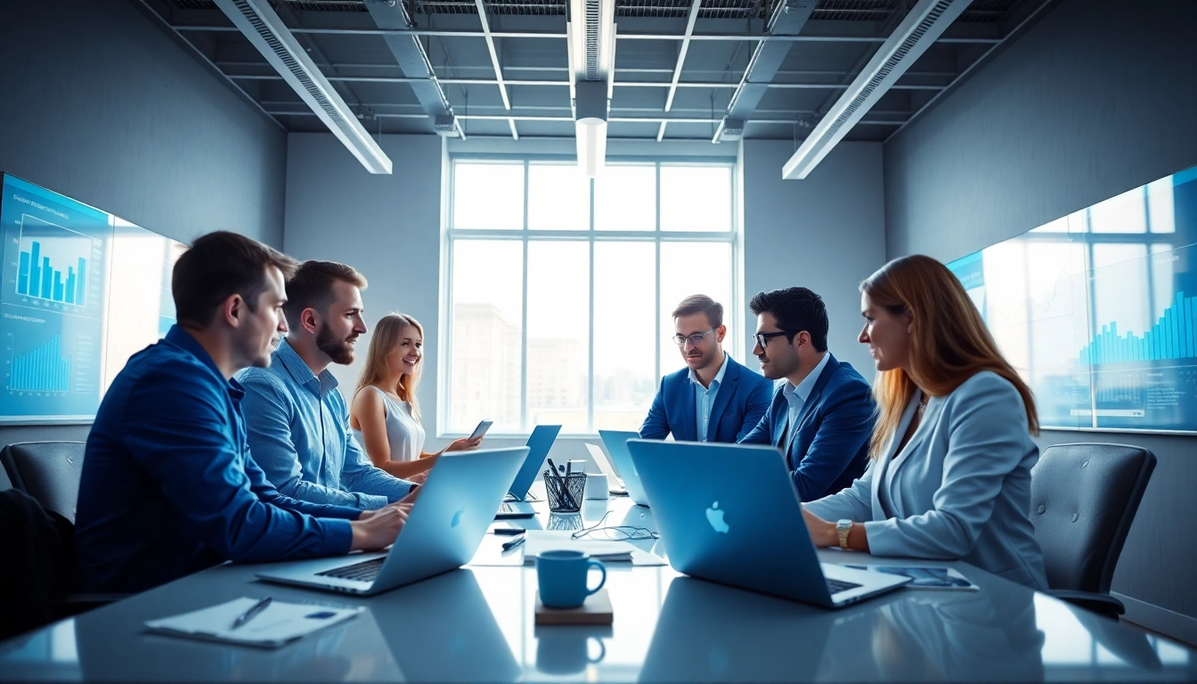 Premium Shopify agency team brainstorming strategies in a modern office space.